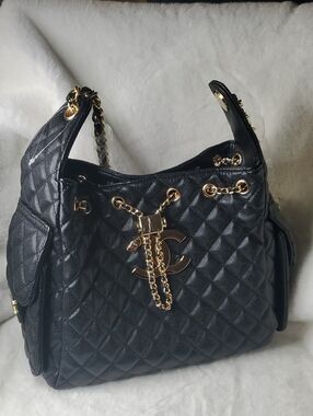 CC Boutique Black Quilted Shoulder Bag with Gold Hardware